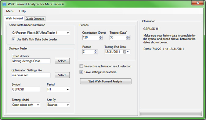 Walk Forward Analyzer for MetaTrader